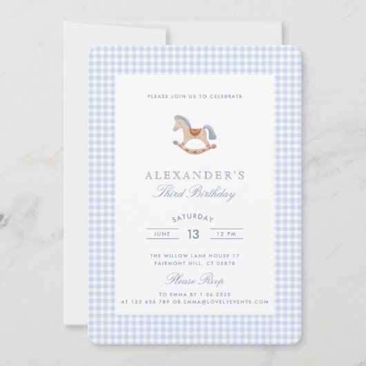 Blue Gingham Rocking Horse jongens Verjaardag Kaart (Voorkant)