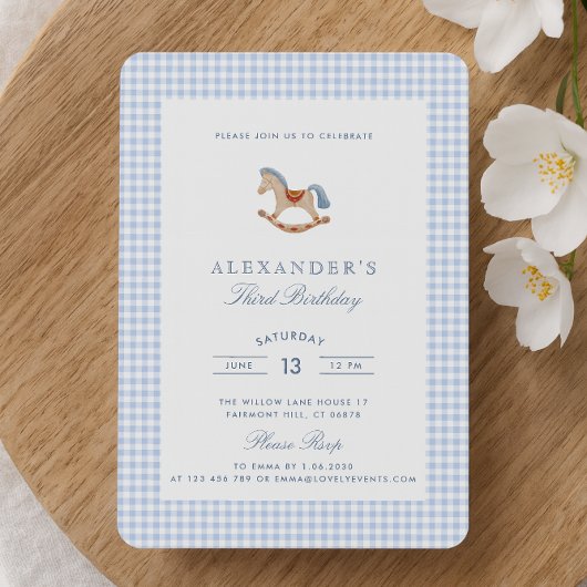 Blue Gingham Rocking Horse jongens Verjaardag Kaart