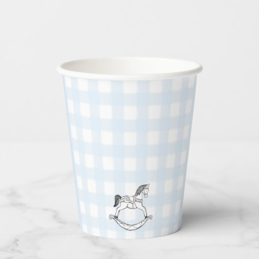 Blue Gingham Rocking Horse Paper cup Papieren Bekers (Achterkant)