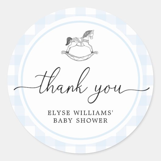 Blue Gingham Rocking Horse Shower Favor Sticker (Voorkant)