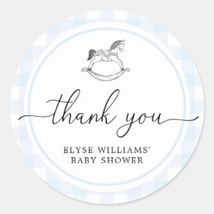 Blue Gingham Rocking Horse Shower Favor Sticker