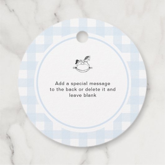 Blue Gingham Rocking Hose, met liefde besproeid Bedankjes Labels (Achterkant)