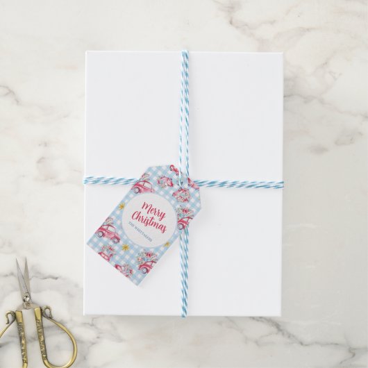 Blue Gingham  rode kerstwagens Cadeaulabel (Met Touw)