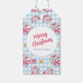 Blue Gingham  rode kerstwagens Cadeaulabel (Voorkant)