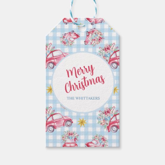 Blue Gingham  rode kerstwagens Cadeaulabel (Voorkant)