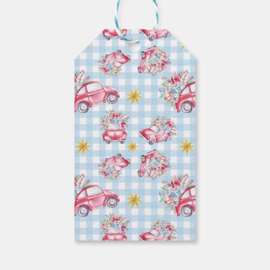 Blue Gingham  rode kerstwagens Cadeaulabel (Achterkant)