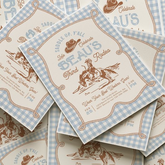 Blue Gingham Rope Rodeo Invitation Kaart