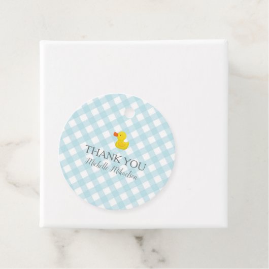 Blue Gingham Rubber Duckie Baby shower Bedankjes Labels (In situ)