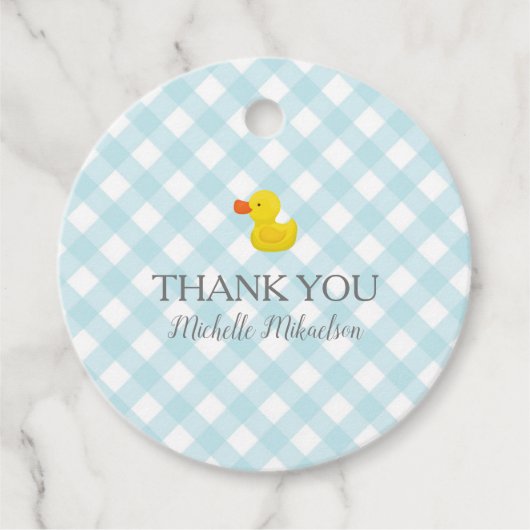 Blue Gingham Rubber Duckie Baby shower Bedankjes Labels (Voorkant)