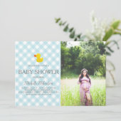 Blue Gingham Rubber Duckie Baby shower Foto Kaart (Staand voorkant)
