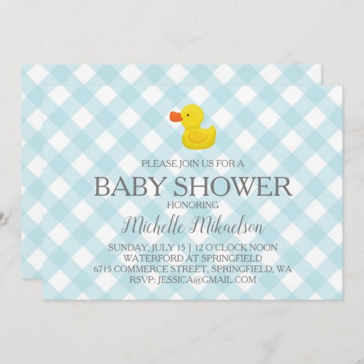 Blue Gingham Rubber Duckie Baby shower Kaart (Voorkant / Achterkant)