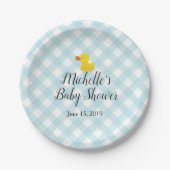 Blue Gingham Rubber Duckie Baby shower Papieren Bordje (Voorkant)