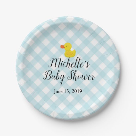 Blue Gingham Rubber Duckie Baby shower Papieren Bordje (Voorkant)