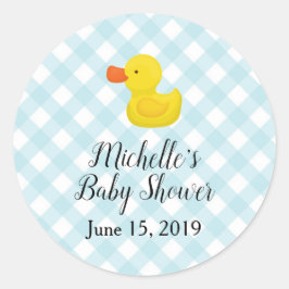 Blue Gingham Rubber Duckie Baby shower Ronde Sticker