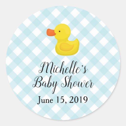 Blue Gingham Rubber Duckie Baby shower Ronde Sticker (Voorkant)