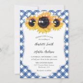Blue Gingham Rustic Sunflower Wedding Kaart (Voorkant)