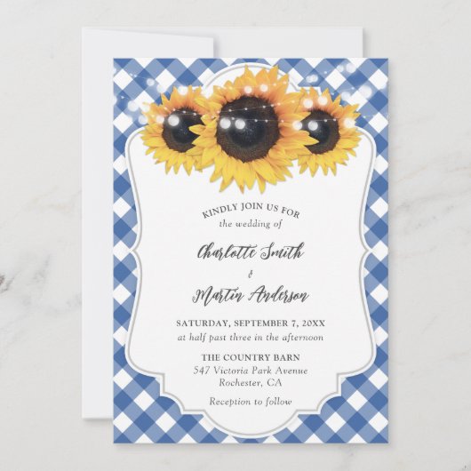 Blue Gingham Rustic Sunflower Wedding Kaart (Voorkant)