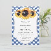 Blue Gingham Rustic Sunflower Wedding Kaart (Staand voorkant)