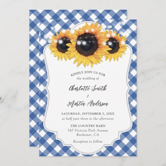 Blue Gingham Rustic Sunflower Wedding Kaart (Voorkant / Achterkant)