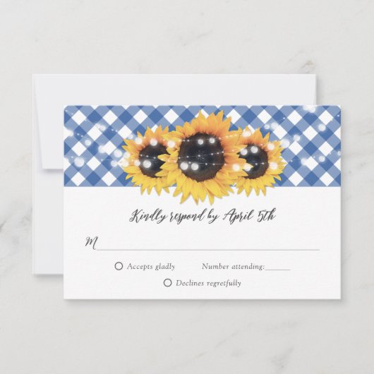 Blue Gingham Rustic Sunflower Wedding RSVP Kaartje (Voorkant)