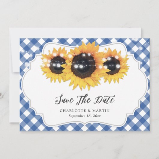 Blue Gingham Rustic Sunflower Weduwfoto Save The Date (Voorkant)
