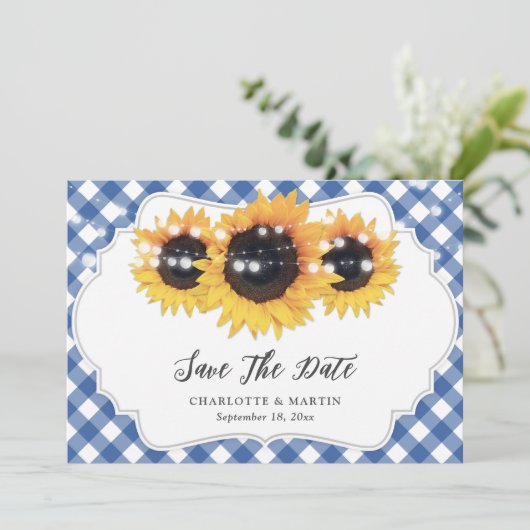 Blue Gingham Rustic Sunflower Weduwfoto Save The Date (Staand voorkant)