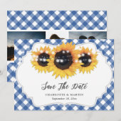 Blue Gingham Rustic Sunflower Weduwfoto Save The Date (Voorkant / Achterkant)