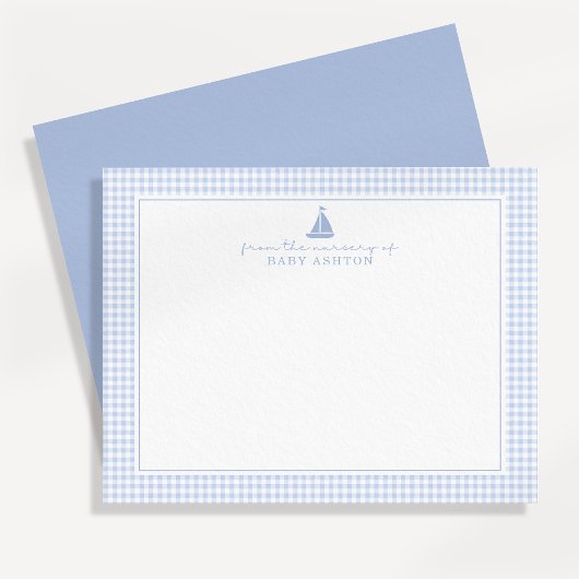 Blue Gingham Sailboat Nursery Note Card Aankondiging