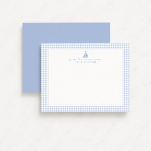 Blue Gingham Sailboat Nursery Note Card Aankondiging