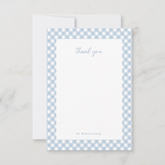 Blue gingham schattig gepersonaliseerd baby shower bedankkaart (Voorkant)