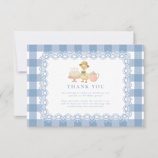  Blue Gingham Silly Goose 1st Birthday Bedankkaart (Voorkant)