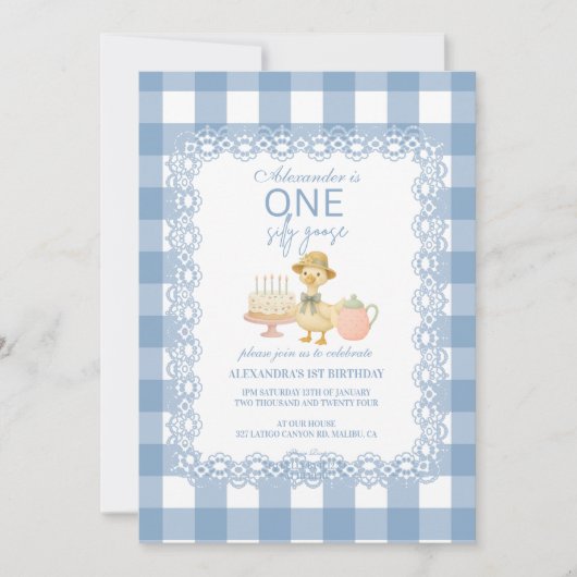  Blue Gingham Silly Goose 1st Birthday Kaart (Voorkant)
