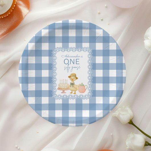  Blue Gingham Silly Goose 1st Birthday Papieren Bordje