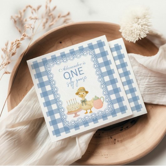 Blue Gingham Silly Goose 1st Birthday Servet