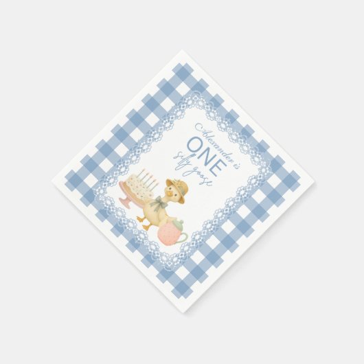  Blue Gingham Silly Goose 1st Birthday Servet (Hoek)