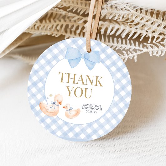 Blue Gingham Silly Goose Baby Shower Bedankjes Labels