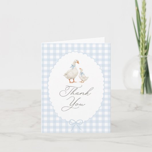 Blue Gingham Silly Goose Baby Shower Bedankkaart (Voorkant)