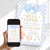 Blue Gingham Silly Goose Baby Shower Kaart