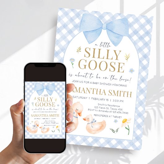 Blue Gingham Silly Goose Baby Shower Kaart