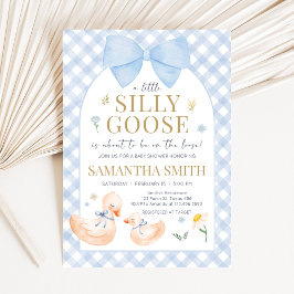 Blue Gingham Silly Goose Baby Shower Kaart