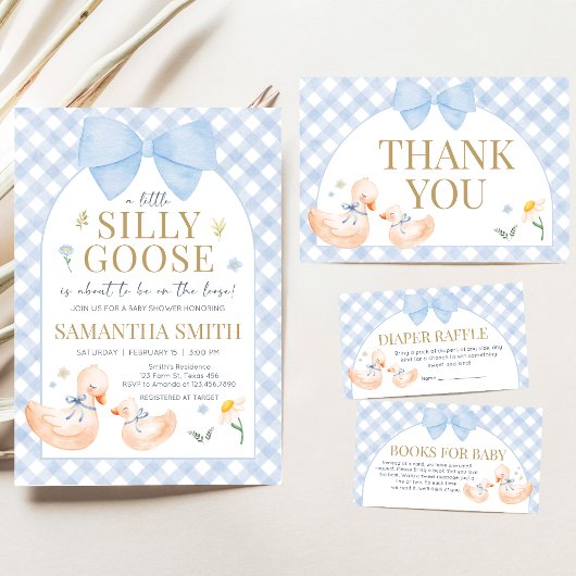 Blue Gingham Silly Goose Baby Shower Kaart