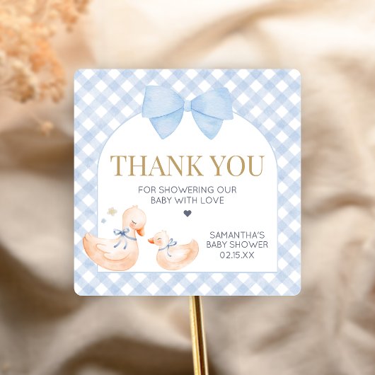 Blue Gingham Silly Goose Baby Shower Vierkante Sticker