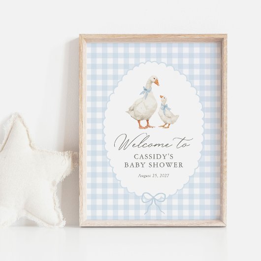 Blue Gingham Silly Goose Baby Shower Welcome Sign Poster