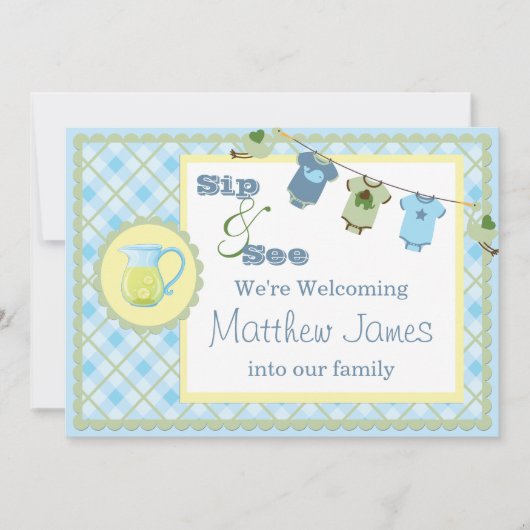 Blue Gingham Sip en See Bunting Baby Invitation Kaart (Voorkant)