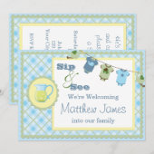 Blue Gingham Sip en See Bunting Baby Invitation Kaart (Voorkant / Achterkant)