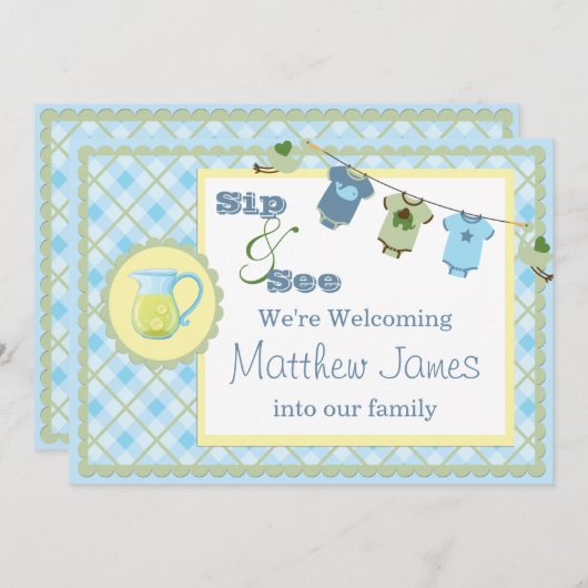 Blue Gingham Sip en See Bunting Baby Invitation Kaart (Voorkant / Achterkant)
