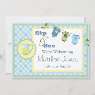 Blue Gingham Sip en See Bunting Baby Invitation Kaart