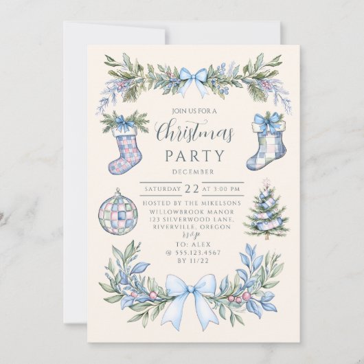 Blue Gingham Stocking Christmas Kaart (Voorkant)