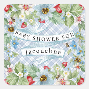 Blue Gingham Strawberry Berry Baby naar Bee Shower Vierkante Sticker