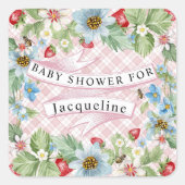 Blue Gingham Strawberry Berry Baby naar Bee Shower Vierkante Sticker (Voorkant)
